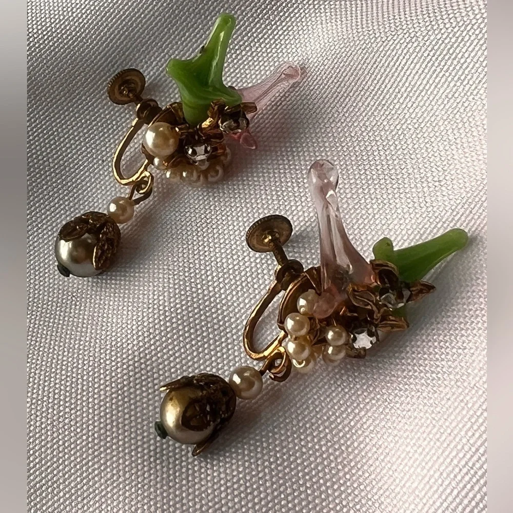 Vintage Rare Early Miriam Haskell Robert Brass Filigree glass leaf Earrings Set